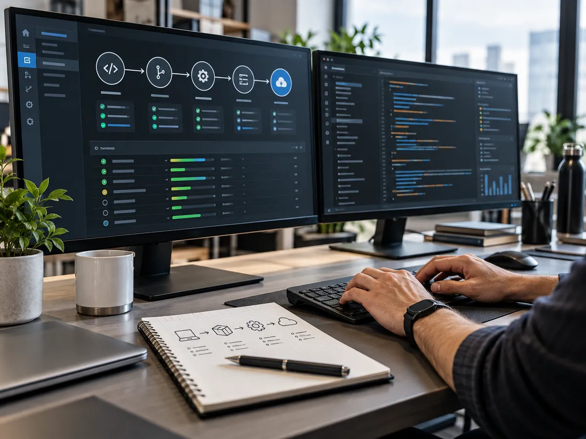 Illustration : poste de travail présentant un processus automatisé de livraison logicielle.