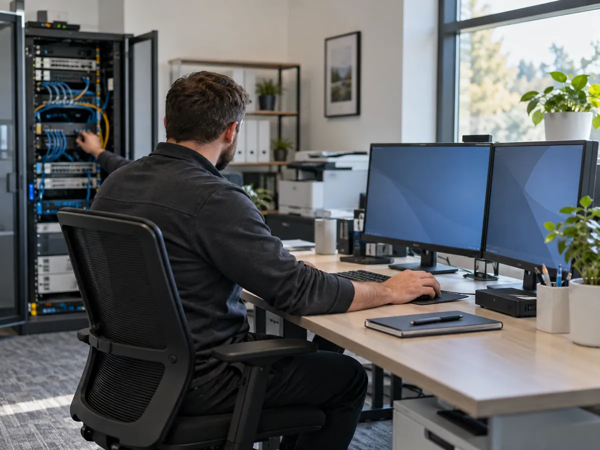 Illustration : professionnel informatique administrant un poste de travail et des équipements réseau.